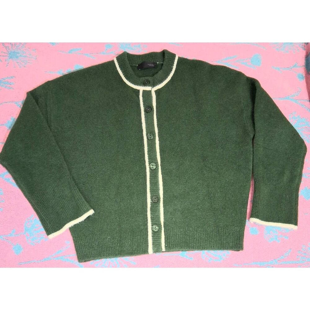 Zara women large dark green wool blend sweater jacket soft texture button front